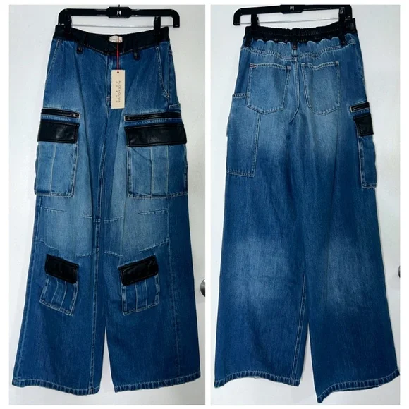 Alice + Olivia Joette Combination Vegan Leather Cargo Jeans - Picture 10 of 15